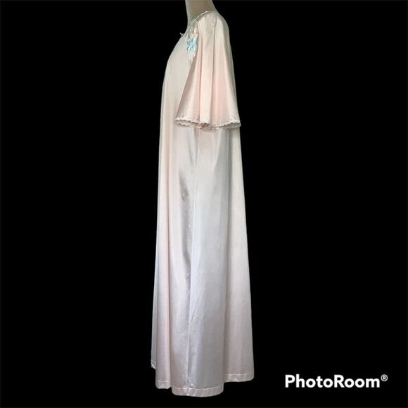Vintage Lorraine Angel Sleeve Long Nylon Robe Peignoir Silky Floral Appliqué USA - Picture 5 of 16